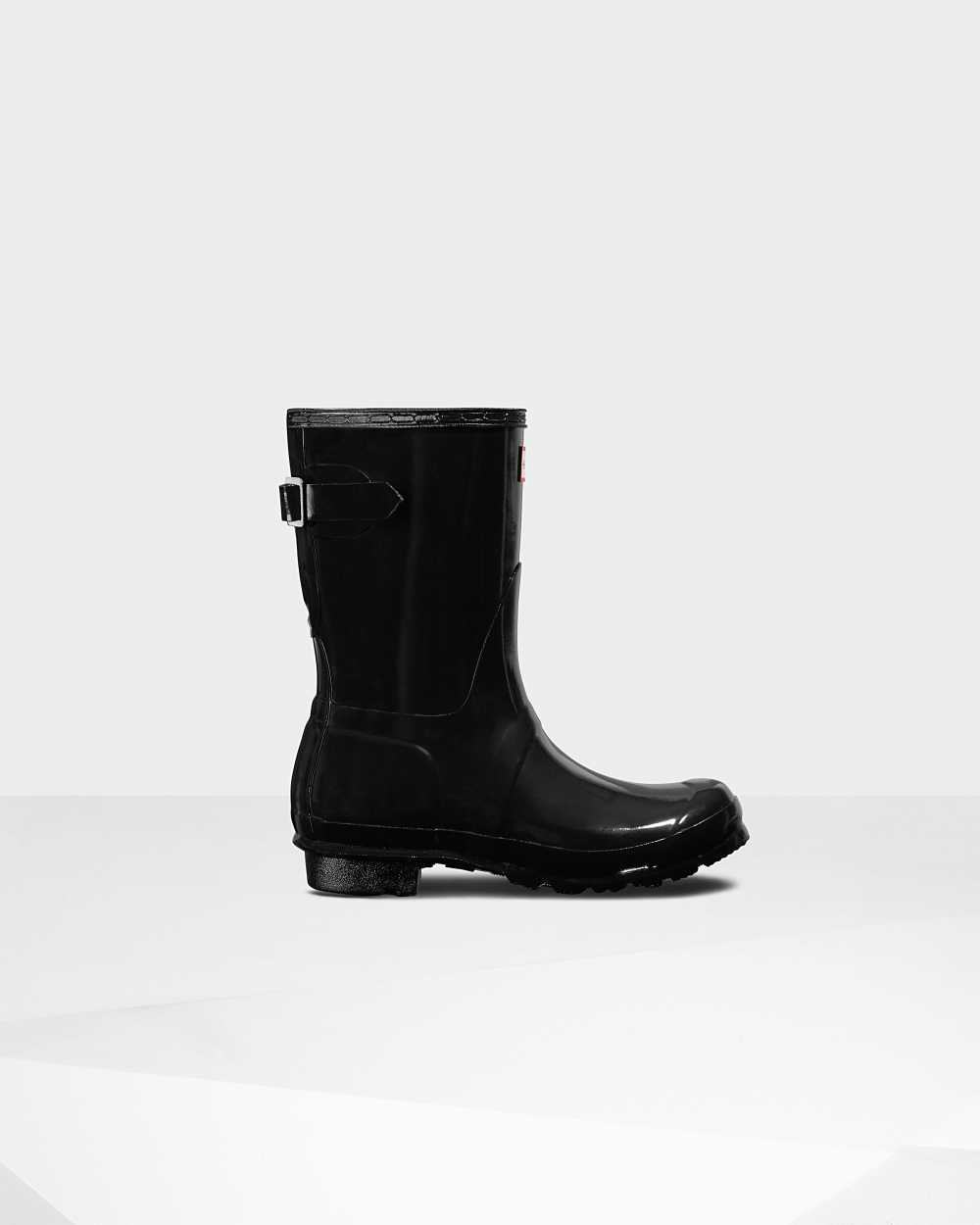 Womens Hunter Original Short Back Adjustable Gloss Rain Boots Black | LGWCFX-605